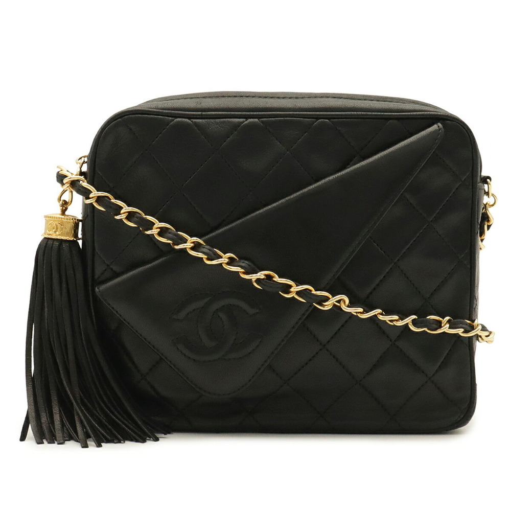 CHANEL Matelassé Coco Mark Chain Shoulder Bag with Tassel, Leather, Black
